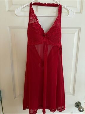 Marilyn Monroe Intimates Red Lace Romantic Babydoll Chemise Lingerie Gown Size L